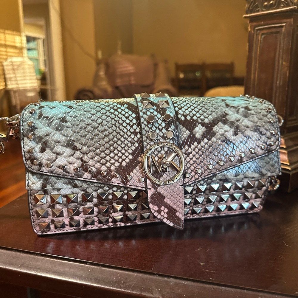Michael Kors Studded Snake Print Shoulder Bag - Picture 3 of 14